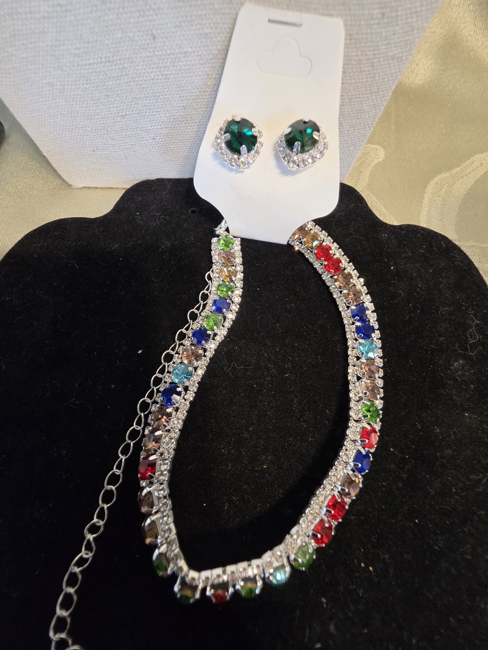 #1428. Multicolor Crystal Tennis Necklace and Emerald Stud Earrings